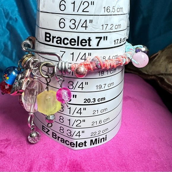 Handmade charm bracelet beaded Assemblage Bangle Thrashed Trashed Fabric shreds - Picture 4 of 14